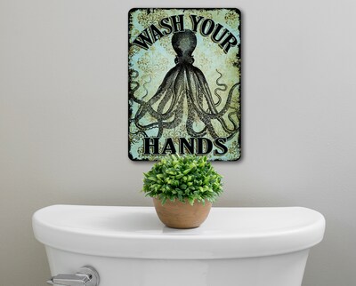 Octopus Wash Your Hands Bathroom Wall Decor Kitchen Art Antique Style Laundry Room Metal Sign Nautical Beach House Steampunk - image4